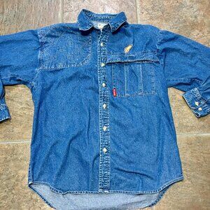 ~~Columbia Embroidered Women's Size L Blue Denim Button Up Padded Shoulder Shirt